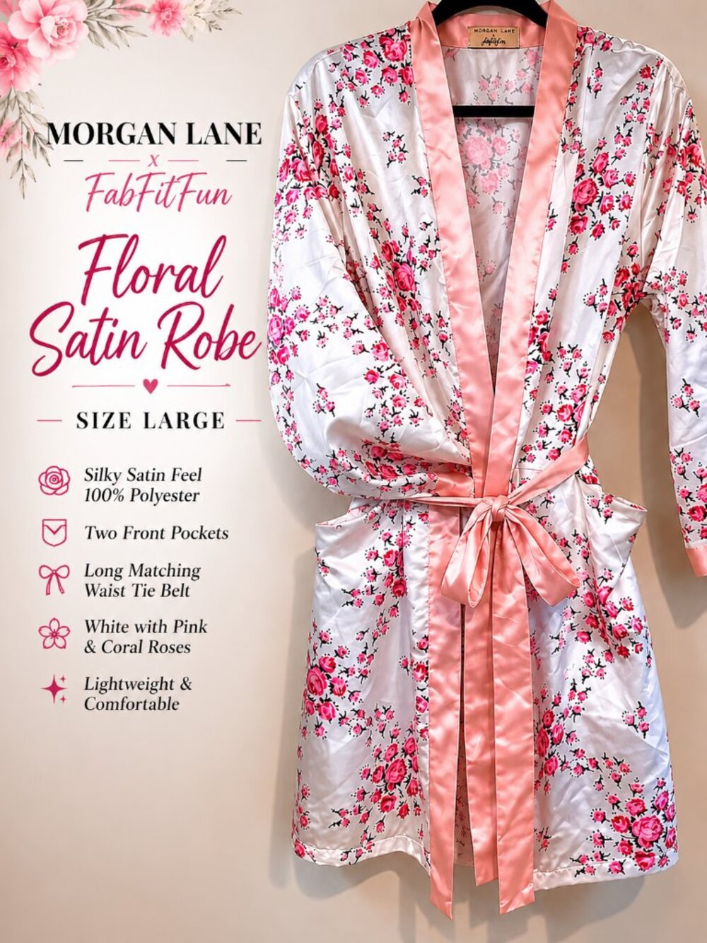 Morgan Lane FabFitFun Floral Satin Robe Pink Rose Print Belted Lounge Robe S. L.